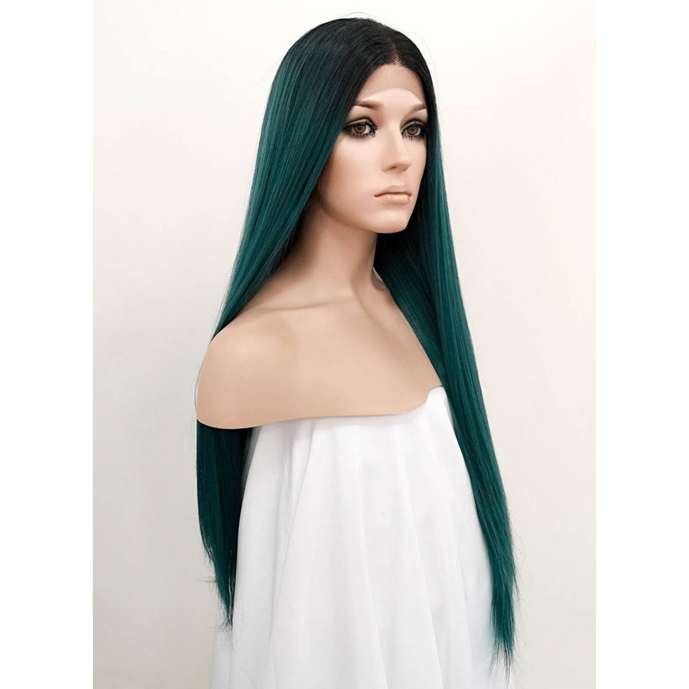 Green with Dark Roots Lace Front Synthetic Wig